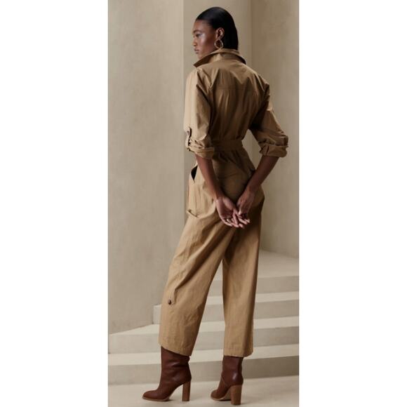 Banana Republic Jumpsuit Romper Tie Waist Womens XS Finley Poplin Camel - Picture 2 of 10